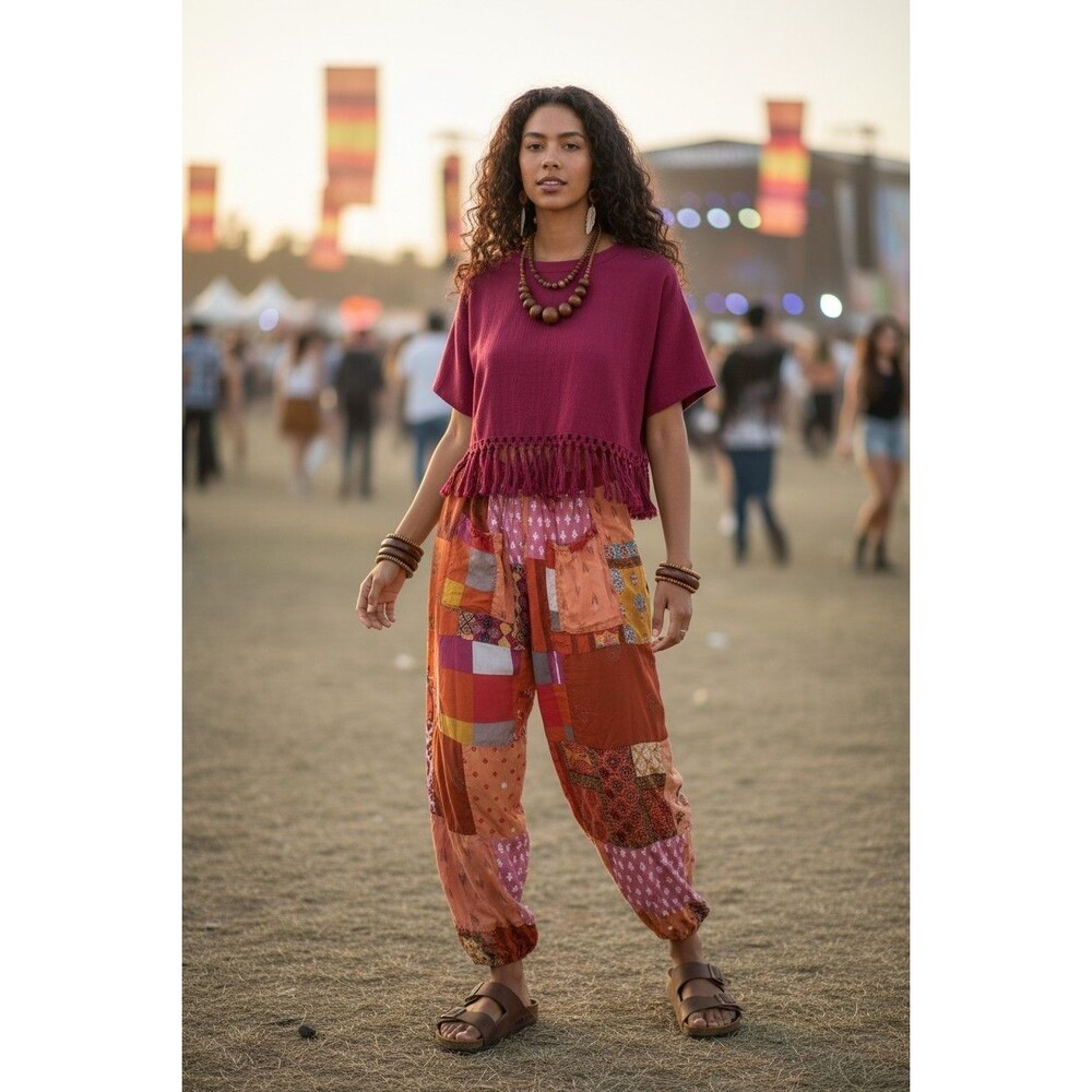Multicolor Patchwork High-Rise Harem Pants Women S Festival Boho Drawstring